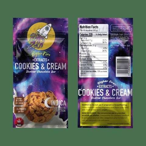 Higher Fire Extracts – Shatter Chocolate Bar – Cookies and Cream 2000mg THC (Indica)
