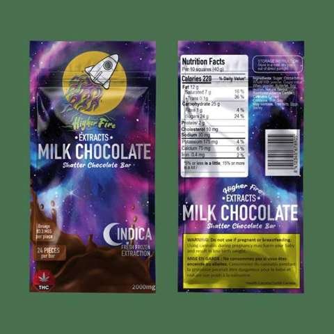 Higher Fire Extracts – Shatter Chocolate Bar – Milk Chocolate 2000mg THC (Indica)